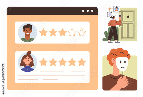 Star ratings with user profiles on a website interface, person picking verified profile, and someone hiding behind a mask. Ideal for trust, feedback, identity, privacy, authenticity, reputation