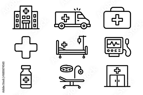 Healthcare Icons Grid. Outline icon set of healthcare infrastructure: hospital building, ambulance, first aid