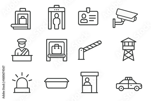 Transportation Security Icons. Outline icon set of transportation security: baggage scanner, metal detector,