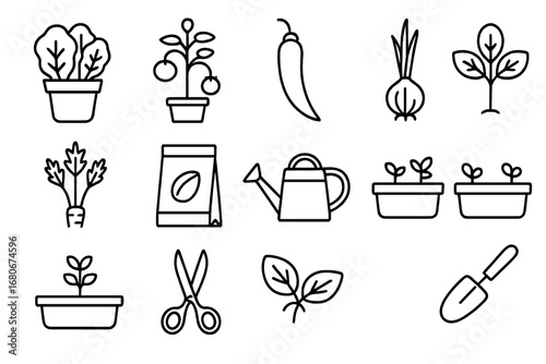 Kitchen Gardening Icons. Outline icon set of kitchen gardening: lettuce pot, tomato plant, chili pepper, onion