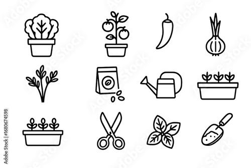Kitchen Gardening Icons. Outline icon set of kitchen gardening: lettuce pot, tomato plant, chili pepper, onion