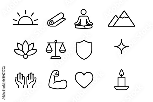 Inner Strength Icons. Outline icon set of finding inner strength: rising sun, yoga mat, meditation pose,