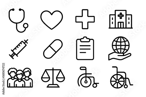 Healthcare Equality Icons. Outline icon set of healthcare equality: stethoscope, heart, medical cross,