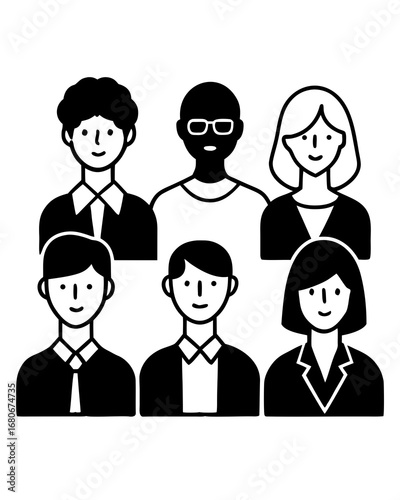 Black and white illustration of a diverse group of six people in business attire drawing