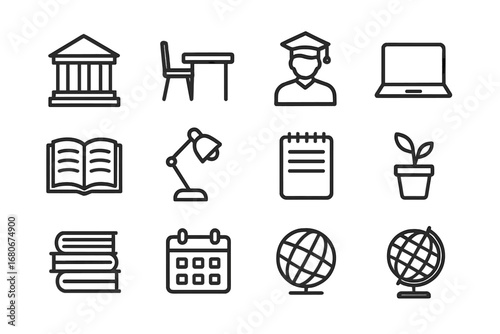Study Space Icons. Outline icon set of higher education study spaces: library building, desk, chair, student,