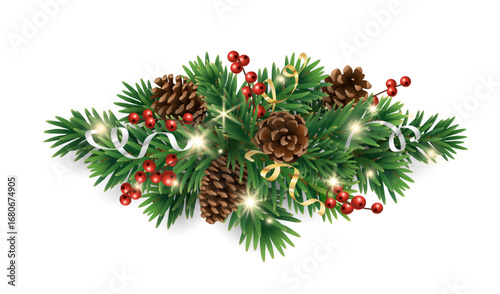 Christmas composition with pine cones, fir branches, holly berries, glowing lights, and ribbons. Horizontal garland for festive banners, greeting cards, and party designs. Transparent background in ve