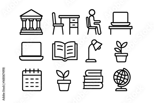 Study Space Icons. Outline icon set of higher education study spaces: library building, desk, chair, student,