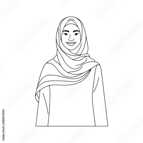 Beautiful muslim woman wearing hijab smiling with modest fashion illustration in simple line art