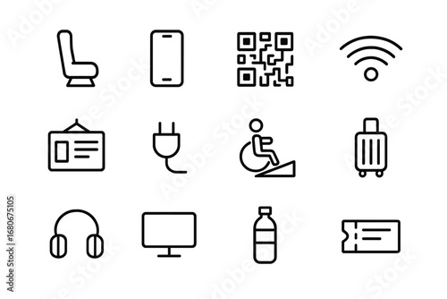 Passenger Experience Icons. Outline icon set of passenger experience: seat, smartphone, QR code, Wi-Fi signal,