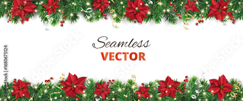 Seamless vector decoration with Christmas tree branches, red poinsettias, holly berries, glowing lights, and ribbons in a festive horizontal frame. Transparent background in vector file.
