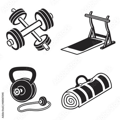 Fitness equipment including dumbbells, weight bench, kettlebell, and yoga mat exercise workout
