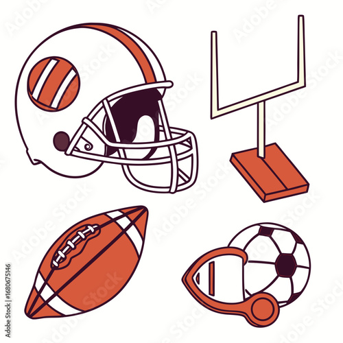 American football helmet, goal post, football, soccer ball, and whistle vector illustration