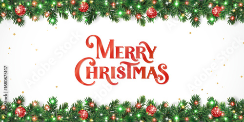 Christmas holiday background. Christmas tree frame. Red ornaments and colorful Christmas lights. Glitter decoration. Merry Christmas lettering. For winter holiday headers, banners, party posters.