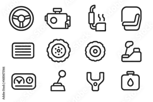 Tractor Icon Set. Outline icon set of tractor details: steering wheel, engine, exhaust pipe, headlights, grill