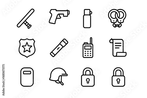 Law Enforcement Tool Icons. Outline icon set of law enforcement tools: baton, taser, pepper spray, handcuffs,