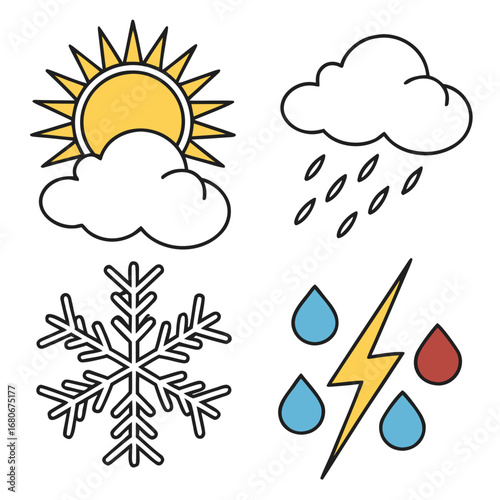 Weather Icons Collection With Sun Rain Snowflake And Lightning cloud
