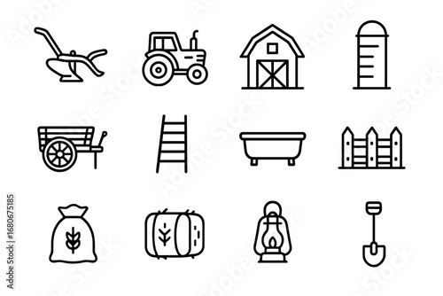 Rustic Farming Icons. Outline icon set of rustic farming: vintage plow, tractor, barn, silo, wooden cart,