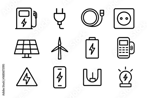 Charging Infrastructure Icons. Outline icon set of charging infrastructure: fast charger, plug, cable, wall