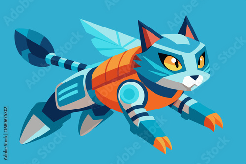 Futuristic Robotic Cat Character With Wings In Motion On Blue Background animal