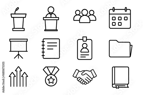 Leadership Conference Icons. Outline icon set of leadership conferences: podium, speaker, audience, calendar,