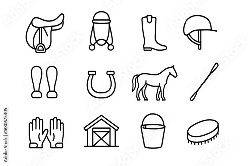 Horseback Riding Icons. Outline icon set of horseback riding: saddle, bridle, riding boots, helmet, reins,