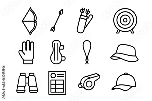 Archery Icon Set. Outline icon set of archery: bow, arrow, quiver, target, glove, arm guard, bowstring, arrow