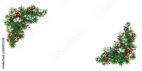 Christmas corner garland with snowy fir branches, pine cones, and holly berries. Frosty festive design for winter banners, cards, invitations, posters. Transparent background in vector file.