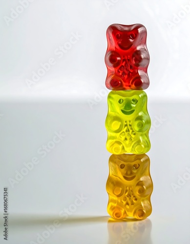 Three vibrant gummy bears, stacked vertically against a plain white background, create a delightful, colorful composition.