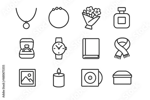 Meaningful Gift Icons. Outline icon set of meaningful gifts: necklace, bracelet, flower bouquet, perfume