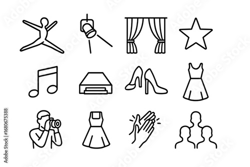 Expressive Dance Icon Set. Outline icon set of expressive runway dance: dancer leap, spotlight, curtain, star,