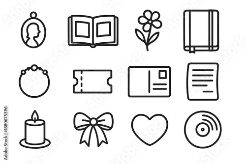 Sentimental Keepsakes Icons. Outline icon set of sentimental keepsakes: locket, photo album, pressed flower,