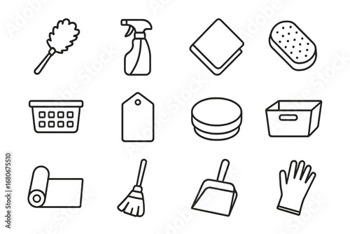 Pantry Cleaning Icons. Outline icon set of pantry cleaning and maintenance: duster, cleaning spray, cloth,