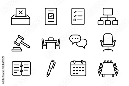 School Decision Icons. Outline icon set of school decision making: voting box, ballot, checklist, flowchart,
