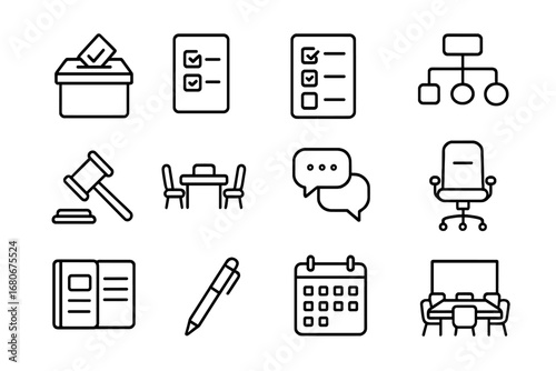 School Decision Icons. Outline icon set of school decision making: voting box, ballot, checklist, flowchart,
