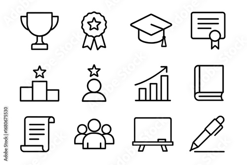 Academic Excellence Icons. Outline icon set of academic excellence leadership: trophy, award badge, graduation