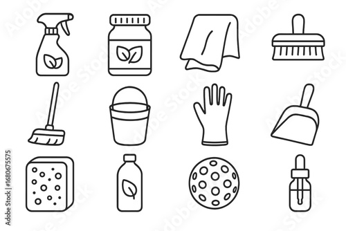 Eco-Friendly Cleaning Icons. Outline icon set of eco-friendly cleaning: vinegar spray bottle, baking soda jar,