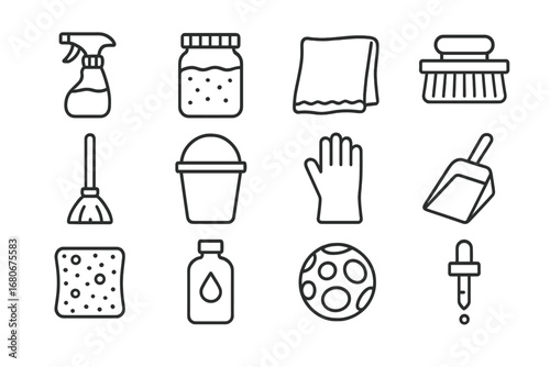 Eco-Friendly Cleaning Icons. Outline icon set of eco-friendly cleaning: vinegar spray bottle, baking soda jar,