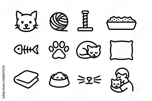 Cat Cuddle Icons. Outline icon set of cat cuddles: cat, yarn ball, scratching post, litter box, fish bone, paw
