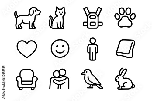 Emotional Support Icons. Outline icon set of emotional support pets: dog, cat, harness, paw, heart, smiley