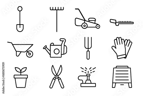 Outdoor Landscaping Icons. Outline icon set of outdoor landscaping: shovel, rake, lawnmower, hedge trimmer,