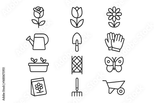 Flower Garden Icons. Outline icon set of flower garden design: rose, tulip, daisy, watering can, spade, gloves