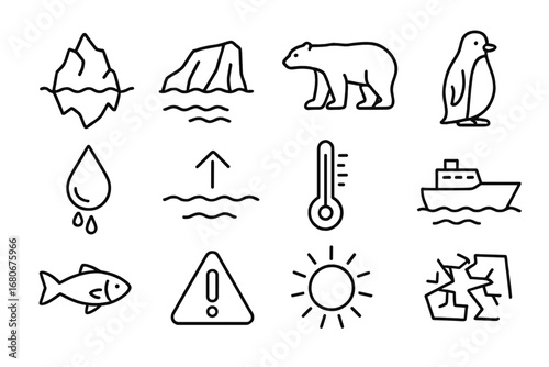 Polar Icons Collection. Outline icon set of polar ice melting: iceberg, glacier, polar bear, penguin, melting