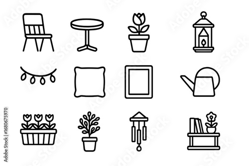 Balcony Decor Icons. Outline icon set of balcony decoration: chair, table, flower pot, lantern, fairy lights,