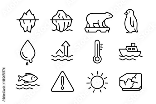 Polar Icons Collection. Outline icon set of polar ice melting: iceberg, glacier, polar bear, penguin, melting