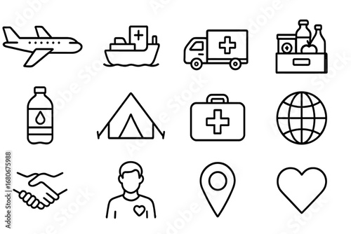 Humanitarian Aid Icons. Outline icon set of international humanitarian aid: cargo plane, ship, truck, food box
