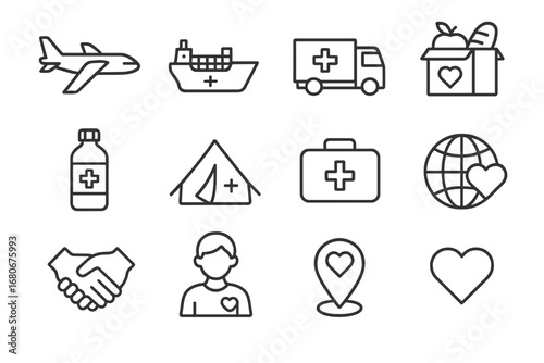 Humanitarian Aid Icons. Outline icon set of international humanitarian aid: cargo plane, ship, truck, food box