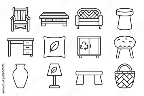 Eco Furniture Icons. Outline icon set of eco furniture trends: bamboo chair, pallet table, rattan sofa, cork