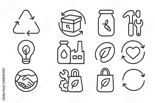Circular Economy Icons. Outline icon set of circular economy design: recycle arrows, reused box, compost bin,