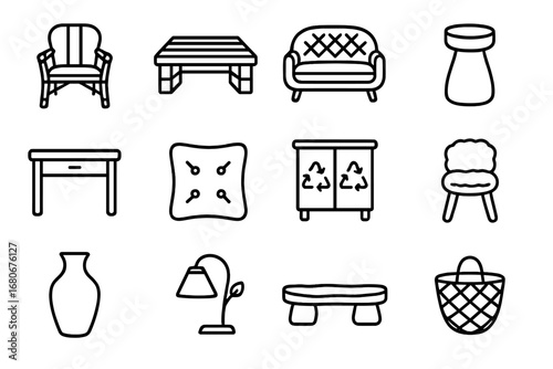 Eco Furniture Icons. Outline icon set of eco furniture trends: bamboo chair, pallet table, rattan sofa, cork