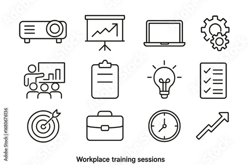 Workplace Training Icons. Outline icon set of workplace training sessions: projector, presentation board,